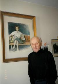 Jaroslav Drabek with the portrait of his wife Jarmila which he painted in his Washington D.C. flat, 1995. Probably his last photo.