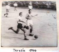 Petr Eisenberg playing football in Terezín, 1944