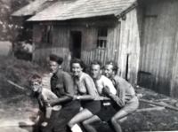 Eva (third from right), in a students' volunteer work brigade in the Šumava Mts. 1949