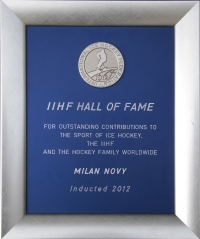 IIHF award for Milan Nový - certificate of being inducted into the IIHF Hall of Fame in 2012.