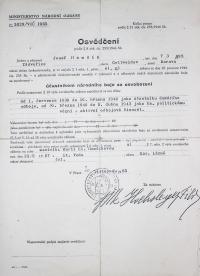 Josef Hamšík / Certificate: participant in the national fight for liberation