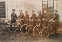 Police constables on bikes during first Czechoslovak republik, Ján Buzássy older second from the left