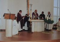 Holy Mass at the 90th birthday of the witness, Antonín Pospíšil, in the photo the second priest from the left.
